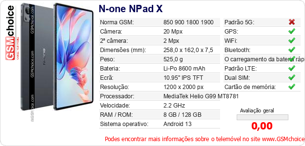N-one NPad X Especificações técnicas do telemóvel 