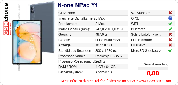 N-one NPad Y1 technische Daten N-one NPad Y1 technische Daten