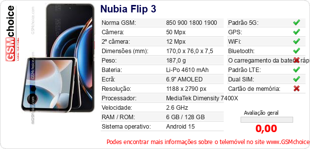 Nubia Flip 3 Especificações técnicas do telemóvel Nubia Flip 3 Especificações técnicas do telemóvel