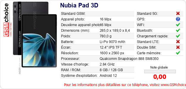 Nubia Pad 3D Fiche technique Nubia Pad 3D Fiche technique
