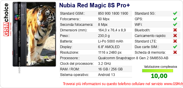 Nubia Red Magic 8S Pro+ Dati tecnici di telefono cellulare Nubia Red Magic 8S Pro+ Dati tecnici di telefono cellulare