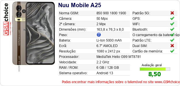 Nuu Mobile A25 Especificações técnicas do telemóvel 