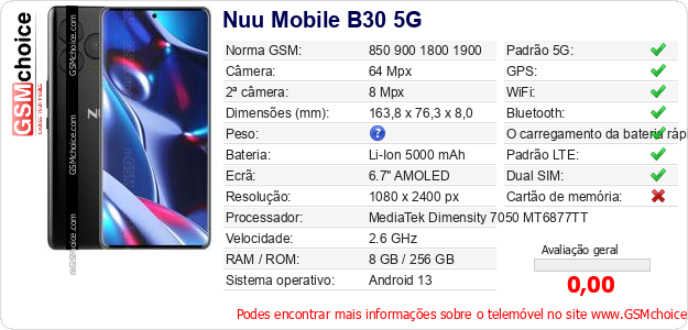 Nuu Mobile B30 5G Especificações técnicas do telemóvel 
