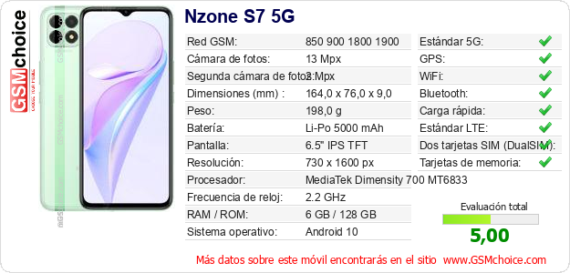 Nzone S7 5G Datos técnicos del móvil 
