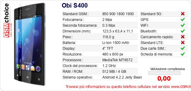 Obi S400 Dati tecnici di telefono cellulare 