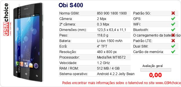 Obi S400 Especificações técnicas do telemóvel Obi S400 Especificações técnicas do telemóvel