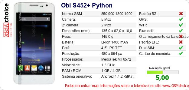 Obi S452+ Python Especificações técnicas do telemóvel 
