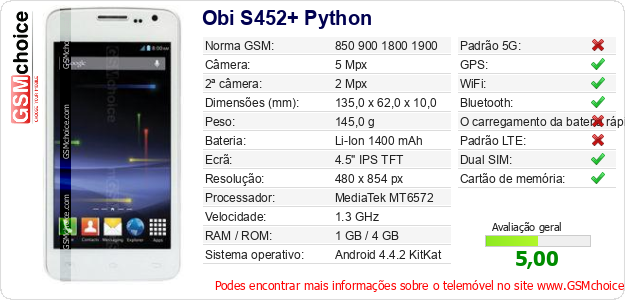 Obi S452+ Python Especificações técnicas do telemóvel 