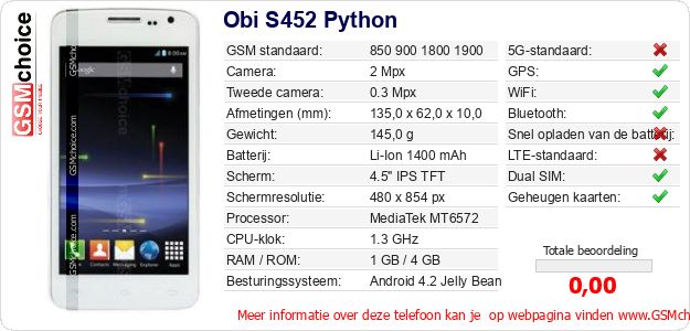 Obi S452 Python Technische gegevens Obi S452 Python Technische gegevens