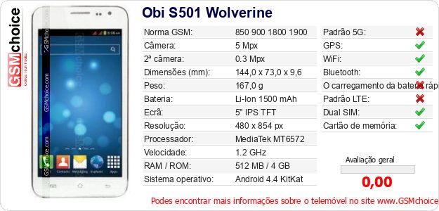 Obi S501 Wolverine Especificações técnicas do telemóvel 