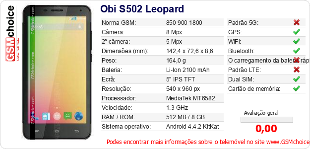 Obi S502 Leopard Especificações técnicas do telemóvel 