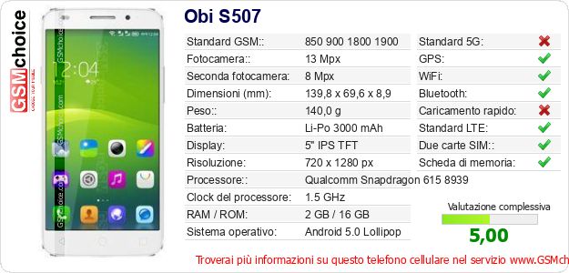 Obi S507 Dati tecnici di telefono cellulare Obi S507 Dati tecnici di telefono cellulare