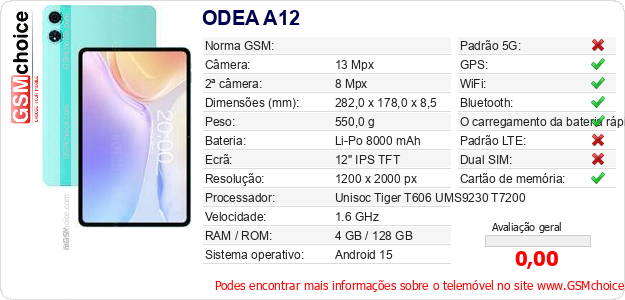 ODEA A12 Especificações técnicas do telemóvel ODEA A12 Especificações técnicas do telemóvel