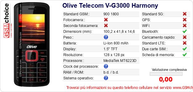 Olive Telecom V-G3000 Harmony Dati tecnici di telefono cellulare Olive Telecom V-G3000 Harmony Dati tecnici di telefono cellulare