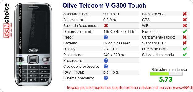 Olive Telecom V-G300 Touch Dati tecnici di telefono cellulare Olive Telecom V-G300 Touch Dati tecnici di telefono cellulare