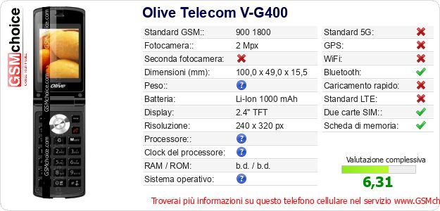 Olive Telecom V-G400 Dati tecnici di telefono cellulare 