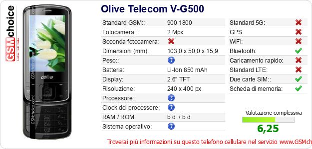 Olive Telecom V-G500 Dati tecnici di telefono cellulare 