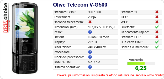 Olive Telecom V-G500 Dati tecnici di telefono cellulare Olive Telecom V-G500 Dati tecnici di telefono cellulare