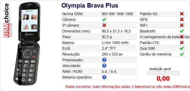 Olympia Brava Plus Especificações técnicas do telemóvel Olympia Brava Plus Especificações técnicas do telemóvel
