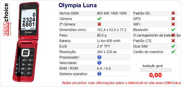 Olympia Luna Especificações técnicas do telemóvel 