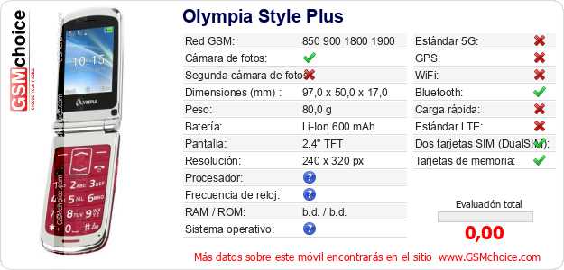 Olympia Style Plus Datos técnicos del móvil Olympia Style Plus Datos técnicos del móvil