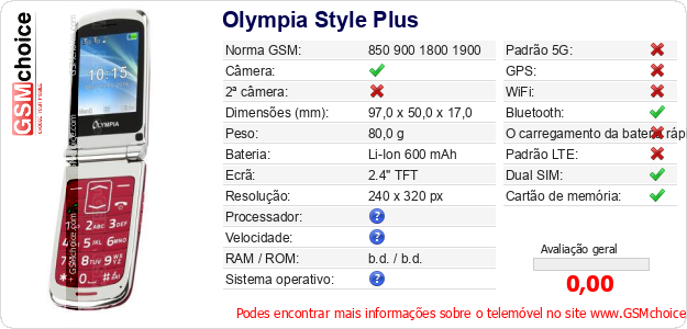 Olympia Style Plus Especificações técnicas do telemóvel Olympia Style Plus Especificações técnicas do telemóvel