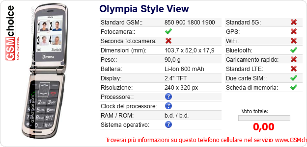 Olympia Style View Dati tecnici di telefono cellulare Olympia Style View Dati tecnici di telefono cellulare