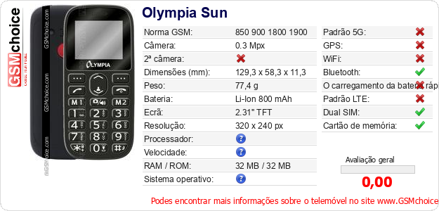 Olympia Sun Especificações técnicas do telemóvel Olympia Sun Especificações técnicas do telemóvel