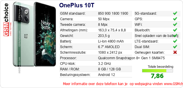 OnePlus 10T Technische gegevens OnePlus 10T Technische gegevens