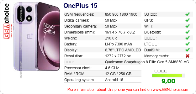 OnePlus 15 手機技術數據