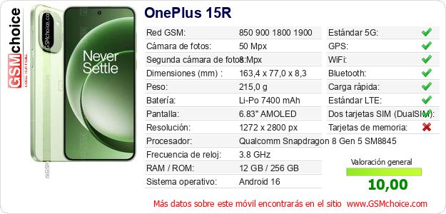 OnePlus 15R Datos técnicos del móvil OnePlus 15R Datos técnicos del móvil