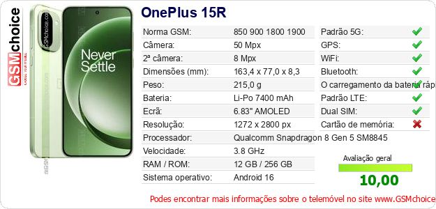OnePlus 15R Especificações técnicas do telemóvel OnePlus 15R Especificações técnicas do telemóvel