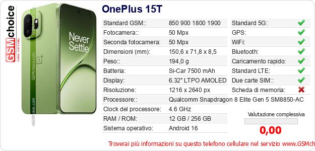 OnePlus 15T Dati tecnici di telefono cellulare 