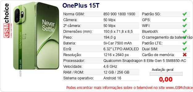 OnePlus 15T Especificações técnicas do telemóvel OnePlus 15T Especificações técnicas do telemóvel