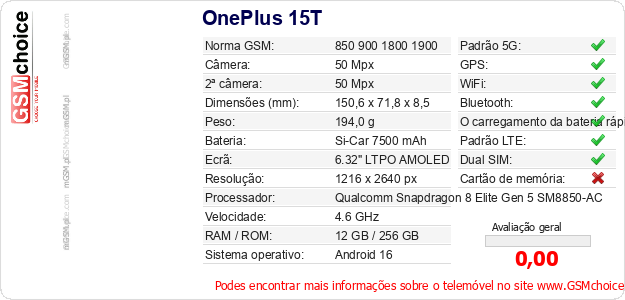 OnePlus 15T Especificações técnicas do telemóvel OnePlus 15T Especificações técnicas do telemóvel