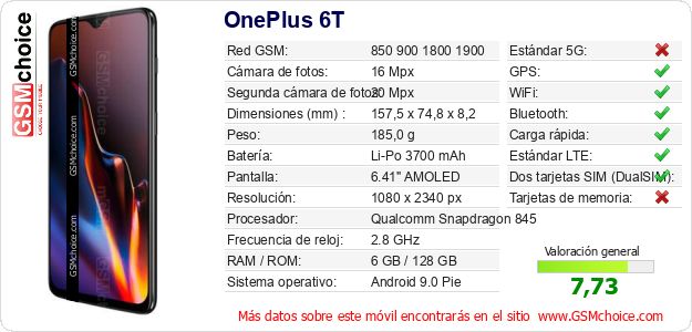 OnePlus 6T Datos técnicos del móvil OnePlus 6T Datos técnicos del móvil