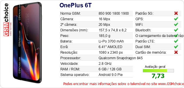 OnePlus 6T Especificações técnicas do telemóvel OnePlus 6T Especificações técnicas do telemóvel