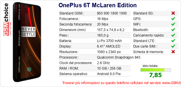 OnePlus 6T McLaren Edition Dati tecnici di telefono cellulare 