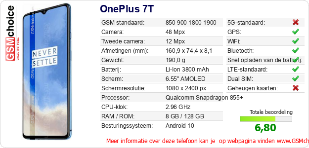 OnePlus 7T Technische gegevens OnePlus 7T Technische gegevens