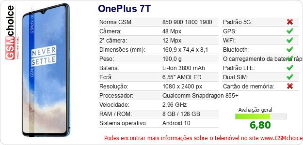 OnePlus 7T Especificações técnicas do telemóvel OnePlus 7T Especificações técnicas do telemóvel