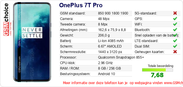 OnePlus 7T Pro Technische gegevens OnePlus 7T Pro Technische gegevens