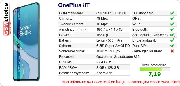 OnePlus 8T Technische gegevens OnePlus 8T Technische gegevens