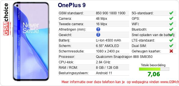 OnePlus 9 Technische gegevens OnePlus 9 Technische gegevens