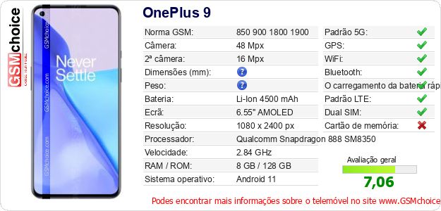OnePlus 9 Especificações técnicas do telemóvel OnePlus 9 Especificações técnicas do telemóvel