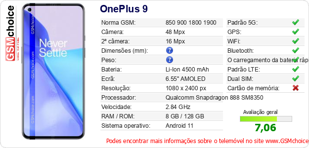 OnePlus 9 Especificações técnicas do telemóvel OnePlus 9 Especificações técnicas do telemóvel
