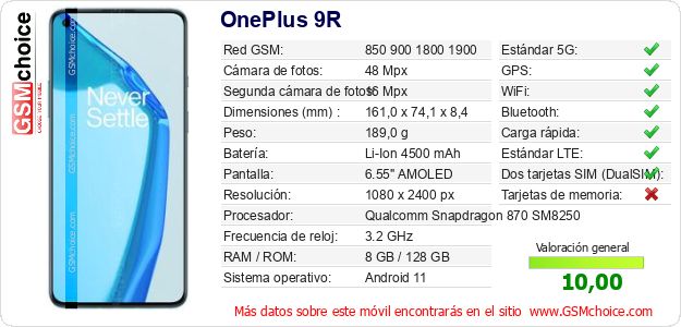 OnePlus 9R Datos técnicos del móvil OnePlus 9R Datos técnicos del móvil