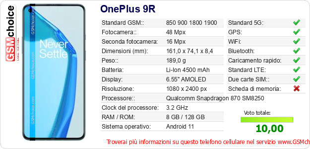 OnePlus 9R Dati tecnici di telefono cellulare 