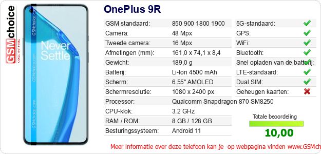 OnePlus 9R Technische gegevens OnePlus 9R Technische gegevens