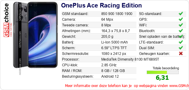 OnePlus Ace Racing Edition Technische gegevens OnePlus Ace Racing Edition Technische gegevens