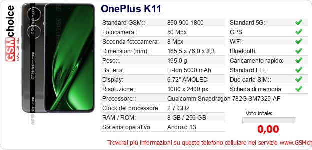 OnePlus K11 Dati tecnici di telefono cellulare 